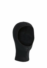 Zwarte balaclava, gemaakt van rekbaar materiaal, heeft een gladde buitenkant en een zachte voering aan de binnenkant. Bedekt hoofd en nek, met een nauwsluitend ontwerp.
