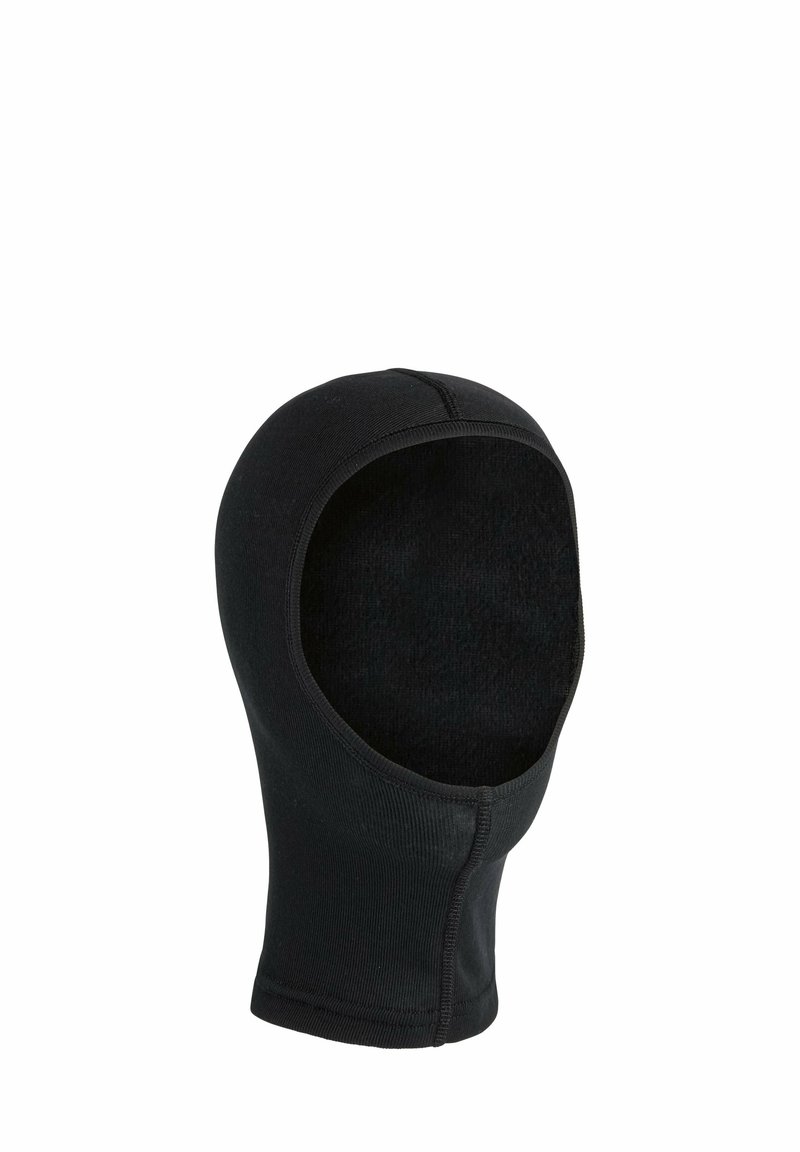 Balaclava noire, fabriquée en matériau extensible, avec un extérieur lisse et une doublure intérieure douce. Couvre la tête et le cou, avec un design ajusté.