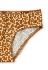 Bikini onderkant met luipaardprint in een bruin en beige kleurenschema, met delicate gegolfde randen en een gladde binnenvoering.