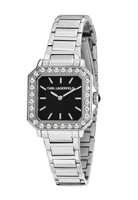 Achtkantige Uhr aus silbernem Edelstahl mit schwarzem Ziffernblatt, diamantähnlichen Akzenten und silbernen Stundenmarkierungen; verfügt über ein Gliederarmband.