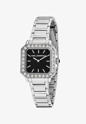 Octagonal silver stainless steel watch with a black face, diamond-like accents, and silver hour markers; features a link bracelet.