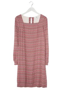 Robe à manches longues en rose et rouge, avec un motif floral et rayé. Encolure carrée avec une ouverture en goutte d'eau à l'arrière.