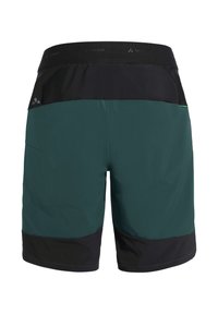 Shorts pour hommes verts et noirs avec taille élastique, poche arrière et logo Vaude sur le côté gauche arrière.