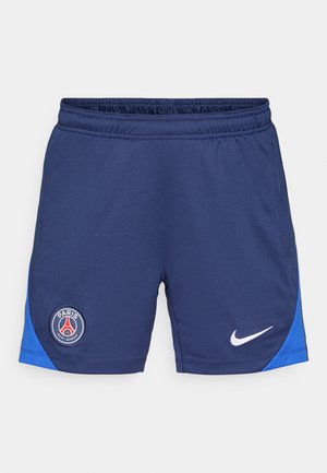 Námořnické modré sportovní kraťasy s elastickým pasem, bočními panely v modré barvě, bílým logem Nike a kulatým logem PSG na levém stehně.