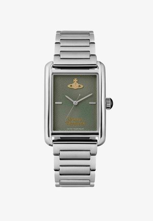 Rechthoekig zilveren horloge van roestvrij staal met een olijfgroene, getextureerde wijzerplaat, een gouden logo en zilveren wijzers. Voorzien van een metalen armband met schakels.