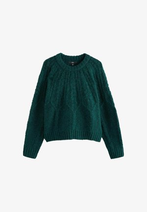 Suéter verde de punto con un patrón texturizado, cuello redondo, mangas largas y puños y dobladillo acanalados. Tejido suave y peludo.