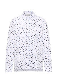 Camicia bianca a maniche lunghe con motivi di foglie astratte in blu e nero. Design con colletto e orlo arrotondato, con chiusura a bottoni e polsini.