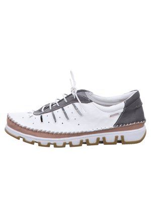 White leather sneaker with gray accents, featuring cutouts, stitched detail, and a thick rubber sole with textured tread.