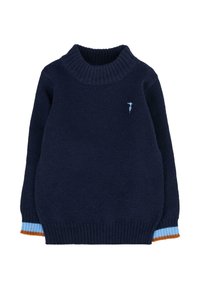 Granatowy dziany sweter z prążkowanym kołnierzem, z jasnoniebieskimi i brązowymi akcentami na mankietach oraz małym logo na piersi.