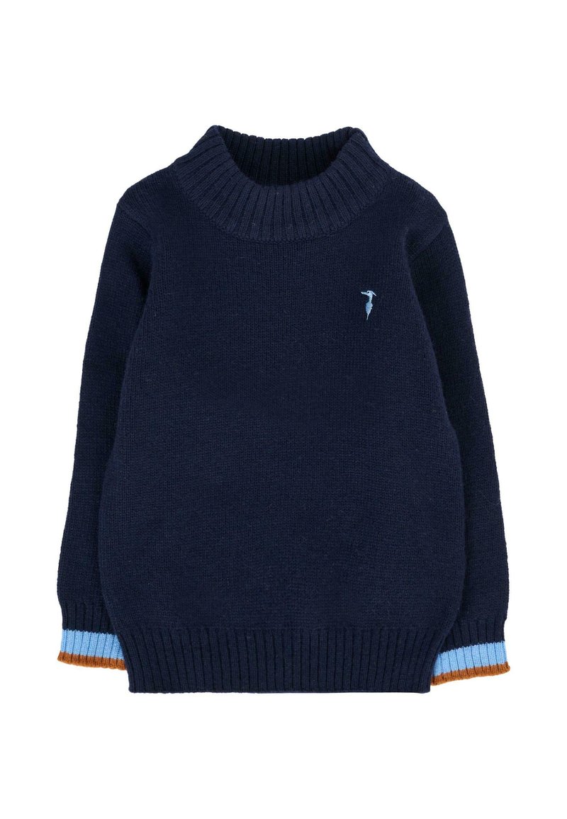 Granatowy dziany sweter z prążkowanym kołnierzem, z jasnoniebieskimi i brązowymi akcentami na mankietach oraz małym logo na piersi.