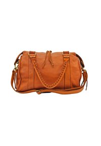 Sac à main en cuir marron chaud, avec des poignées tressées, une fermeture à cordon et des accents en métal doré. Texture lisse avec des détails cousus.