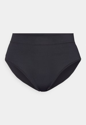 Hochgeschnittene schwarze Bikinihose aus glattem, dehnbarem Stoff mit flachen Nähten und ohne sichtbare Beschläge oder Muster.