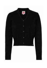 Schwarze Strickjacke mit kurzem Design, V-Ausschnitt und langen Ärmeln. Verfügt über Herzmuster und silberne Knopfverschlüsse.