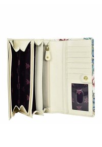 Lichtgekleurde portemonnee met meerdere compartimenten, een gezoomde sectie en kaartvakjes. Het interieur heeft een bloemenpatroon op een donkere stof.