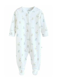Weißer Baumwolle Baby-Schlafanzug mit langen Ärmeln, verziert mit einem verspielten Tierdruck in Pastellfarben. Mit Druckknopfverschluss und Fußdesign.