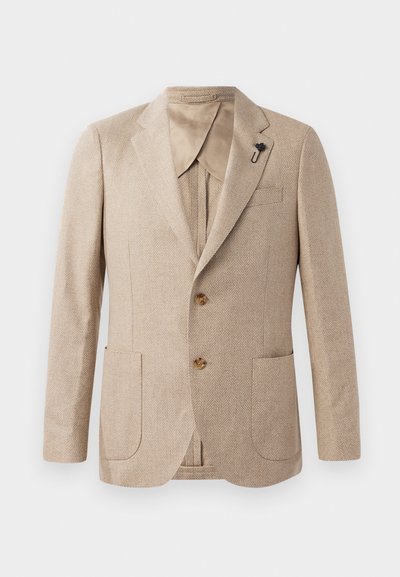 Beige Fischgrätenblazer mit zwei vorderen Taschen, einreihigem Design und goldfarbenen Knöpfen. Gefüttertes Innenfutter mit braunem Kragen.