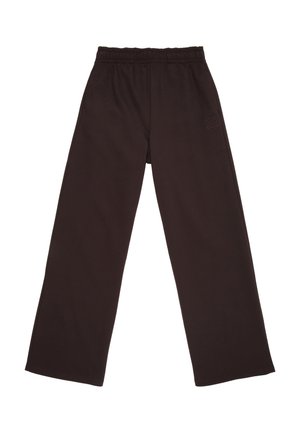 Wide-leg black pants with elastic waistband and subtle stitched logo on the upper thigh against a white background.