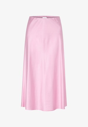 Gonna in satin rosa con una forma ad A fluida, caratterizzata da una texture morbida e una vita elasticizzata. Nessun motivo o dettaglio in metallo visibile.