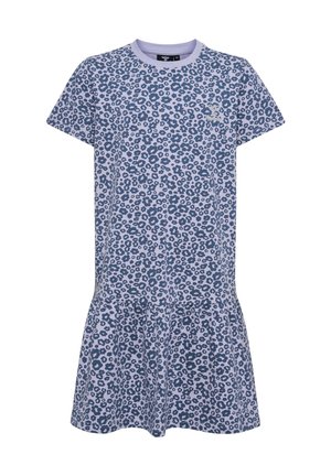 Kurzärmliges Kleid aus leichtem lila Baumwollstoff mit einem Leopardenmuster in Dunkelblau, featuring einem ausgestellten Rock und einem runden Halsausschnitt.