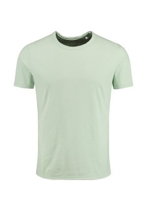 Jasnozielona koszulka z krótkim rękawem, wykonana z miękkiego materiału, z klasycznym okrągłym dekoltem i gładką teksturą, o prostym wzorze i bez zdobień.