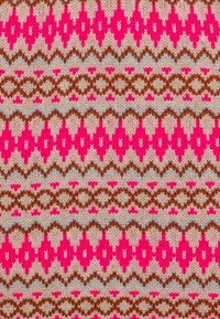 Knitted fabric featuring a geometric pattern with alternating stripes in vibrant pink, beige, brown, and light blue. Textured surface with diagonal design.