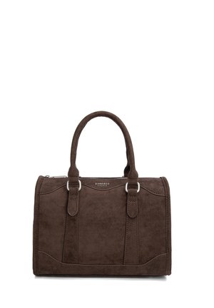 Sac à main en daim brun avec double poignée, détails en boucle argentée et une fermeture éclair supérieure, marqué "DIANA&CO FIRENZE" au centre avant.