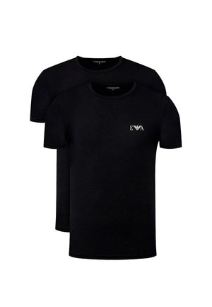 Due t-shirt nere a maniche corte con scollo rotondo, una tinta unita e una con un piccolo logo bianco "EVA" sul petto.