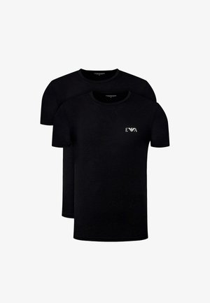 Due t-shirt nere a maniche corte con scollo rotondo, una tinta unita e una con un piccolo logo bianco "EVA" sul petto.