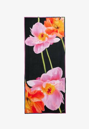 Écharpe florale présentant de grandes fleurs roses et orange sur un fond noir, bordée d'une bordure rose. Fabriquée en tissu doux et léger.