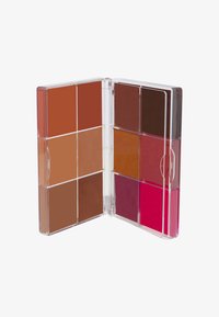 Paleta de colores de labios con nueve compartimentos rectangulares. Los colores varían desde marrones apagados hasta rosas brillantes. La carcasa transparente muestra claramente la disposición.