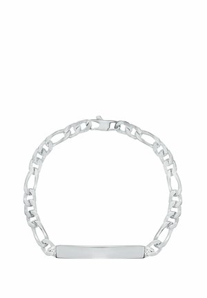 Braccialetto con catenina color argento, piastra rettangolare vuota per identificazione e chiusura a moschettone su sfondo bianco.