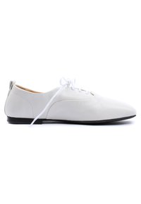 Scarpe oxford bianche in pelle con punta a forma appuntita, suola nera piatta e dettagli classici con lacci. Texture liscia e stile minimalista.