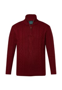 Röd stickad tröja med kvartdragkedja, innehållande flätade och diamantmönster, ribbade ärmslut och en texturerad yta.