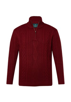 Roter gestrickter Pullover mit einem Viertelreißverschluss, der geflochtene und Rautenmuster, gerippte Bündchen und eine strukturierte Oberfläche aufweist.