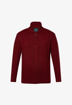 Roter gestrickter Pullover mit einem Viertelreißverschluss, der geflochtene und Rautenmuster, gerippte Bündchen und eine strukturierte Oberfläche aufweist.