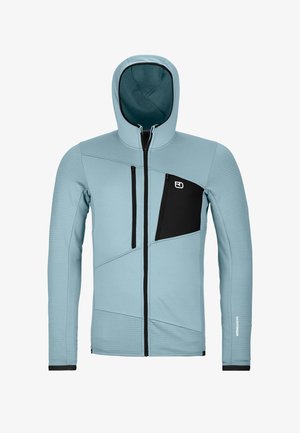 Light blue hooded jacket with textured fabric, black zippered chest pocket, and contrasting black accents. Features a full-length zipper and fitted hood.
