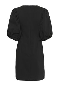 Schwarzes Kleid mit Puffärmeln, tailliertem Oberteil und geradem Saum. Reißverschluss hinten mit glattem, untexturiertem Stoff.