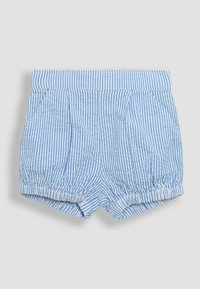 Shorts rayés bleu clair et blanc avec des plis, poches latérales et ourlet élastiqué. Fabriqués en tissu doux, au design décontracté.