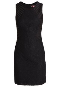 Svart spetsklänning med en figurnära design, som har en rund halsringning och mesh-paneldetaljer. Ärmfri stil och knä-lång skärning.