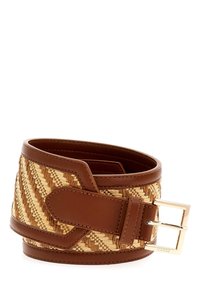 Woven straw belt in natural and brown hues with a gold-tone buckle. Features a textured finish and a wide, structured design.