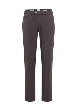 Donkergrijze rechte broek met knoopsluiting, riemlussen en een klein detail van het voorzakje aan de rechterkant.