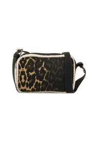 Borsa a tracolla con stampa leopardata e tracolla nera, caratterizzata da un morbido bordo in pelliccia sintetica bianca e tessuto testurizzato in forma rettangolare.