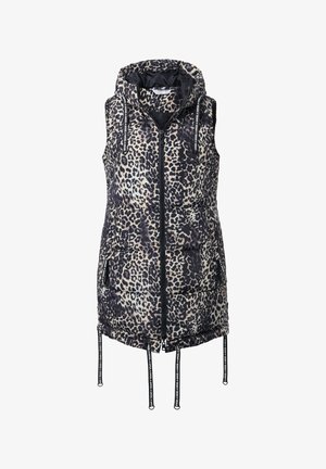 Gilet imbottito senza maniche con stampa leopardata, dotato di cappuccio, zip frontale e orlo con cordoncino. La combinazione di colori include nero e beige.