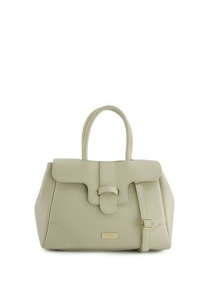 Beige læderhåndtaske med håndtag øverst, forklap med spændedetalje, justerbar skulderrem og lille "Venezia" logoplaket.