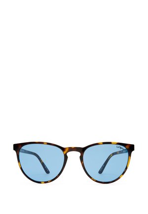 Tortoiseshell frame sunglasses with round blue tinted lenses, slightly curved bridge, and thin arms extending backward.