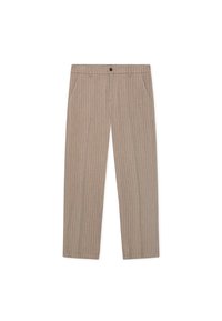 Ριγέ μπεζ παντελόνι με εφαρμοστή κοπή, με δύο πλαϊνές τσέπες και κούμπωμα με κουμπί στη μέση. Λείο ύφασμα με κάθετες γραμμές.