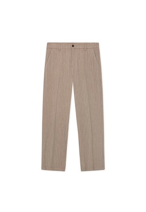 Ριγέ μπεζ παντελόνι με εφαρμοστή κοπή, με δύο πλαϊνές τσέπες και κούμπωμα με κουμπί στη μέση. Λείο ύφασμα με κάθετες γραμμές.