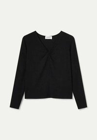 Top negro de manga larga con escote en V y detalle de torsión en el centro, confeccionado en un material suave y elástico. Diseño simple y ajustado.