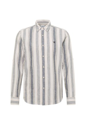 Men’s long-sleeve button-up shirt with vertical white and blue stripes and a small embroidered logo on the left chest.
