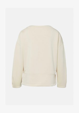 Cremefarbenes Sweatshirt mit langen Ärmeln und Rundhalsausschnitt, mit abgesenkter Schulternaht und sichtbarer horizontaler Naht nahe dem Saum, Rückansicht.